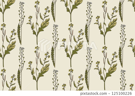 Botanical floral seamless pattern with wildflowers bouquet vector illustration. Repeating flowers with pastel green leaves in beige background. Graphic design for Fashion Cover Textile Birthday Card Botanical floral seamless pattern with wildflowers bouquet vector illustration. Repeating flowers with pastel green leaves in beige background. Graphic design for Fashion Cover Textile Birthday Card 125100226