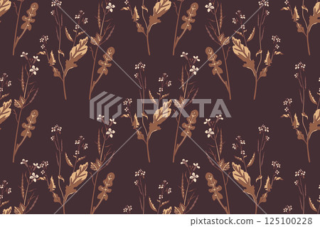 Botanical floral seamless pattern with wildflowers bouquet vector illustration.Repeating plants with stems, leaves, flowers in pastel brown background. Graphic design for Fashion Cover Textile Wedding Botanical floral seamless pattern with wildflowers bouquet vector illustration.Repeating plants with stems, leaves, flowers in pastel brown background. Graphic design for Fashion Cover Textile Wedding 125100228