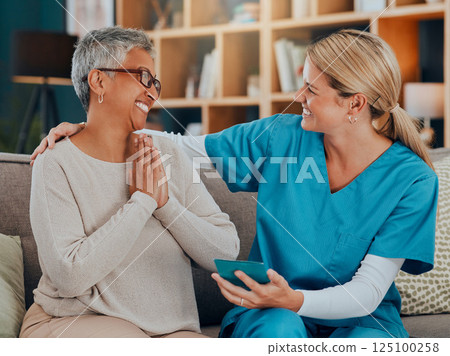 Senior care, caregiver and patient together on a couch talking about healthcare of hospice service leaflet, brochure or booklet. Elderly woman and nurse at home for care with gratitude for help 125100258