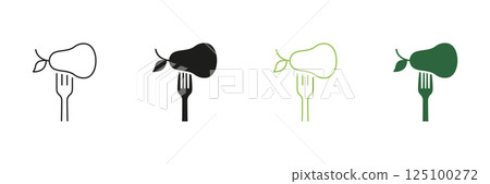 Fork With Pear Line and Silhouette Icon Set. Healthy Food And Vegan Diet Concept. Nutrition And Wellness, Nutritious Plant-Based Food Choices. Editable Stroke. Isolated Vector Illustration Fork With Pear Line and Silhouette Icon Set. Healthy Food And Vegan Diet Concept. Nutrition And Wellness, Nutritious Plant-Based Food Choices. Editable Stroke. Isolated Vector Illustration 125100272