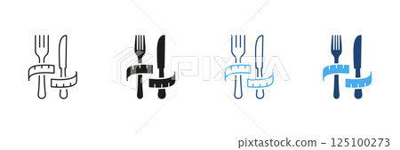 Diet And Fitness For Weight Loss. Fork And Knife Wrapped With Measuring Tape Line and Silhouette Icon Set. Healthy Food, Weight Management And Nutrition. Isolated Vector Illustration 125100273