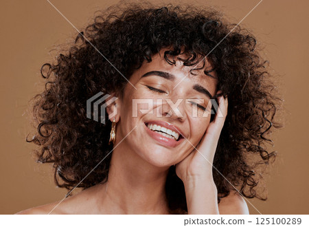 Beauty, self care and face of model with skincare glow, spa wellness routine or natural cosmetics treatment. Salon curly hair care, luxury facial healthcare and woman happy with aesthetic makeup 125100289
