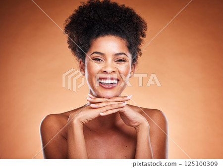 Black woman, afro or skincare face glow on studio background in healthcare wellness, dermatology or cosmetology success. Portrait, smile or happy beauty model and natural hair style or hands manicure 125100309