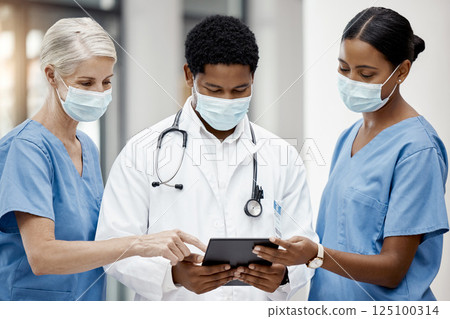 Doctor, team and tablet planning covid treatment plan with nurse and surgeon team online. Digital tablet, hospital and medical staff collaborate on coronavirus research on the internet for health 125100314