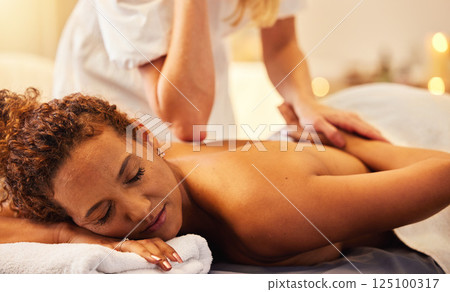 Relax woman, beauty and hands at a spa for a massage for back pain and body physical therapy. Relaxing, massage therapist and peaceful person resting and enjoy healthy luxury healing body treatment Relax woman, beauty and hands at a spa for a massage for back pain and body physical therapy. Relaxing, massage therapist and peaceful person resting and enjoy healthy luxury healing body treatment 125100317
