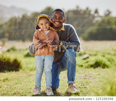 Park, portrait and father hug child for nature holiday, outdoor adventure and fathers day love in green countryside field. Happy family, dad and girl kid bonding together for vacation and spring 125100398