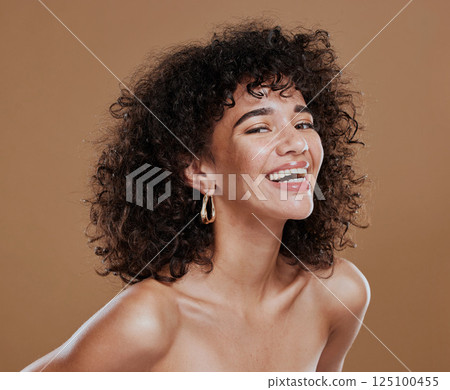 Woman, body skincare and portrait for beauty, natural and skin glow health in studio. Wellness model, luxury healthcare wellness and happy facial care cosmetic or face dermatology in brown background 125100455