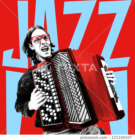 Expressive young man in glasses playing red accordion in front of bold blue JAZZ typography on red background in vivid collage style. 125100507