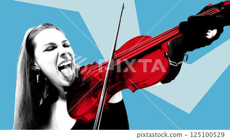 Woman with open mouth and tongue out dramatically playing red violin in gloves. Contemporary art collage. Woman with open mouth and tongue out dramatically playing red violin in gloves. Contemporary art collage. 125100529