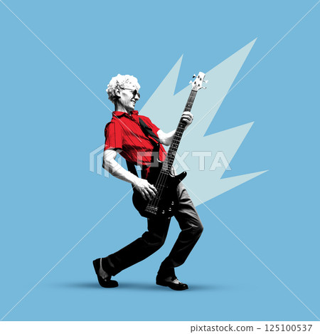 Expressive man in red shirt rocking electric bass on vibrant blue stage with lightning background. 125100537