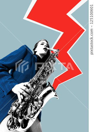 Woman in bold blue jacket playing saxophone with red lightning behind in sharp pot art style. Contemporary art collage. Woman in bold blue jacket playing saxophone with red lightning behind in sharp pot art style. Contemporary art collage. 125100601