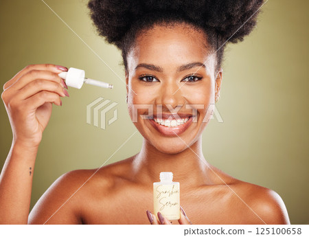 Beauty, skincare and portrait of model with serum for healthy skin glow, anti aging or hydration. Collagen oil, spa product and aesthetic face of black woman with hyaluronic acid for facial treatment 125100658