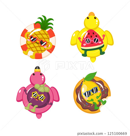 Cute tropical fruit characters on inflatable ring clip art 125100669