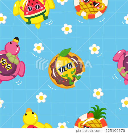 Cute tropical fruit character swim on a pool seamless pattern 125100670