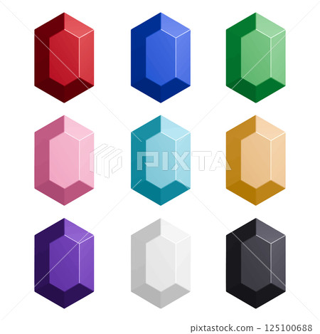 一組彩色寶石圖示切割成垂直六邊形向量插圖，背景為透明的 125100688