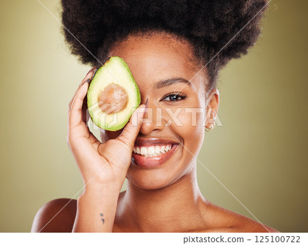 Beauty, skincare and black woman with avocado cosmetics for organic skin wellness, spa detox treatment and healthy natural vegetable diet. Portrait of happy model, glowing skin and studio background 125100722