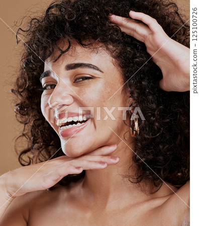 Portrait, woman and face makeup, happy and skincare with beauty, smile and happy in brown studio background. Hair care, afro or curls with healthy skin, glow and happiness model with facial cosmetic Portrait, woman and face makeup, happy and skincare with beauty, smile and happy in brown studio background. Hair care, afro or curls with healthy skin, glow and happiness model with facial cosmetic 125100726