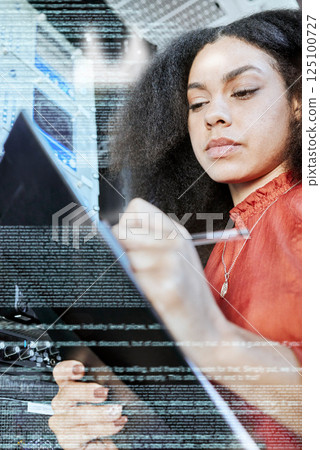 Server, information technology and woman writing on clipboard for analysis of motherboard. Programming, coding text and black woman IT engineer checking database, cyber network and digital software Server, information technology and woman writing on clipboard for analysis of motherboard. Programming, coding text and black woman IT engineer checking database, cyber network and digital software 125100727