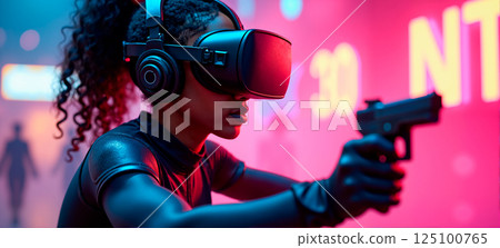Woman with VR Headset Holding Gun in Futuristic City Woman with VR Headset Holding Gun in Futuristic City 125100765