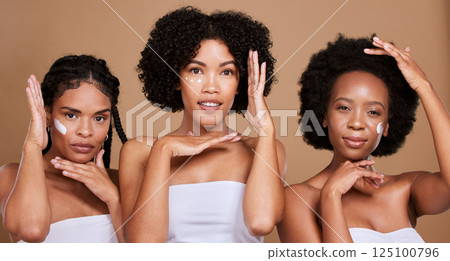 Black women, skincare cream and beauty group frame face, sunscreen makeup product and luxury facial treatment on studio background. Portrait of female black people, body lotion and natural cosmetics Black women, skincare cream and beauty group frame face, sunscreen makeup product and luxury facial treatment on studio background. Portrait of female black people, body lotion and natural cosmetics 125100796