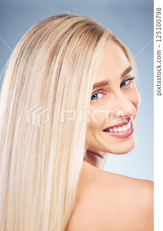 Hair, face and beauty with woman in makeup portrait, hair care and skincare with cosmetics against studio background. Model smile, hairstyle and wellness, clean and shine with natural cosmetic. Hair, face and beauty with woman in makeup portrait, hair care and skincare with cosmetics against studio background. Model smile, hairstyle and wellness, clean and shine with natural cosmetic. 125100798