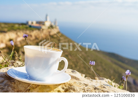 Coffe cup on nature. Travel outdoor picnic. Coffe cup on nature. Travel outdoor picnic. 125100830