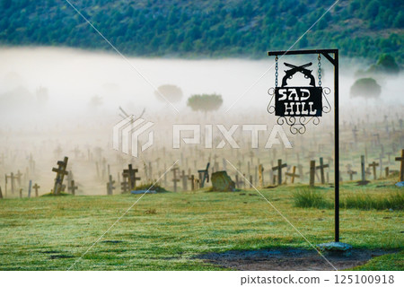 Haze in morning over Sad Hill Cemetery in Burgos, Spain 125100918