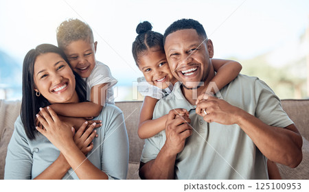 Family, hug and love, parents and children in happy portrait with relationship, care fun with kids at home. Happy family, smile and bonding, happiness and spending quality time together with hugging. Family, hug and love, parents and children in happy portrait with relationship, care fun with kids at home. Happy family, smile and bonding, happiness and spending quality time together with hugging. 125100953