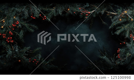 A dark moody Christmas frame of deep green fir branches lit by glowing fairy lights and tiny red ornaments, on black background, soft vignette, dramatic festive scene 125100998