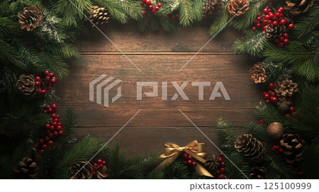 Rustic Christmas frame made of fir branches and red berries on wood - ideal for greeting cards, invitations, and holiday marketing. 125100999