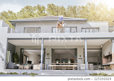 New home, property sign and real estate building of a happy family with sold poster outdoor. House with modern architecture, woman and child excited and happy about new investment and realtor sale 125101024