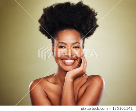 Black woman, afro hair or skincare glow on studio background for natural hair promotion, self love or empowerment. Portrait, smile or happy beauty model with makeup cosmetics on green mockup backdrop 125101141