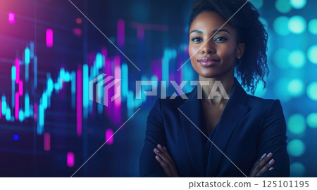 Confident businesswoman in front of financial data display for corporate success. Trading world chart schedule Confident businesswoman in front of financial data display for corporate success. Trading world chart schedule 125101195