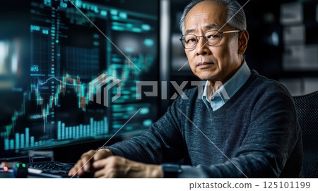 Financial analyst examining data on computer screens for stock market analysis. Trading world chart schedule 125101199