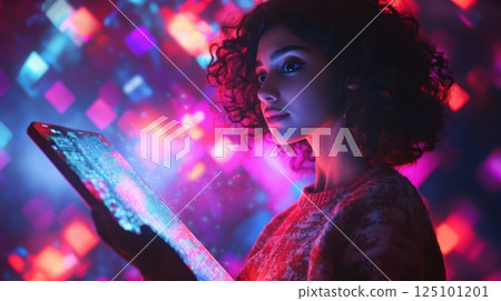 Young woman engaged in futuristic digital interface with vibrant neon lights. Trading world chart schedule 125101201