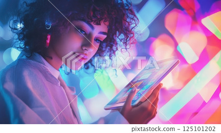 Futuristic young woman engaged with digital tablet in vibrant neon lighting scene. Trading world chart schedule Futuristic young woman engaged with digital tablet in vibrant neon lighting scene. Trading world chart schedule 125101202