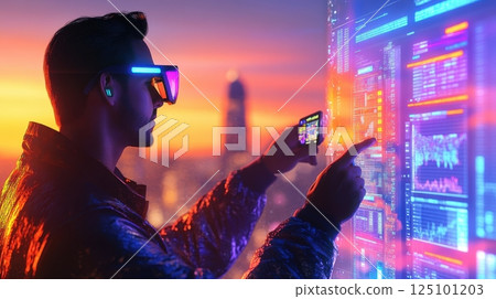 Futuristic technology interaction, man using augmented reality and holographic displays at sunset. Trading world chart schedule Futuristic technology interaction, man using augmented reality and holographic displays at sunset. Trading world chart schedule 125101203