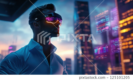 Futuristic vision with vr in urban skyline at night for technology and innovation projects. Trading world chart schedule 125101205