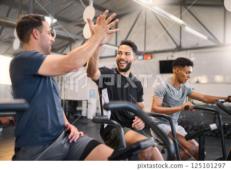 Fitness, man and high five at the gym for exercise, training or cardio workout together indoors. Happy men with smile and hands in celebration for partnership, support or sport motivation in wellness 125101297