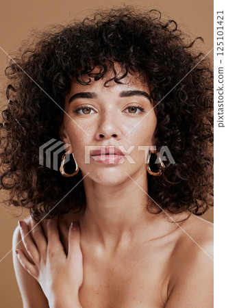 Beauty, skincare and cosmetic, woman in wellness portrait with healthy skin and glow against studio background. Natural cosmetics, face and makeup with facial treatment and hair care, fresh and clean Beauty, skincare and cosmetic, woman in wellness portrait with healthy skin and glow against studio background. Natural cosmetics, face and makeup with facial treatment and hair care, fresh and clean 125101421