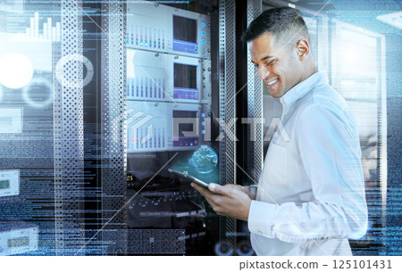 Server, tablet and digital with a man engineer working with hologram technology for programming or it security. Future, computer and innovation with a male research worker busy in a data center 125101431