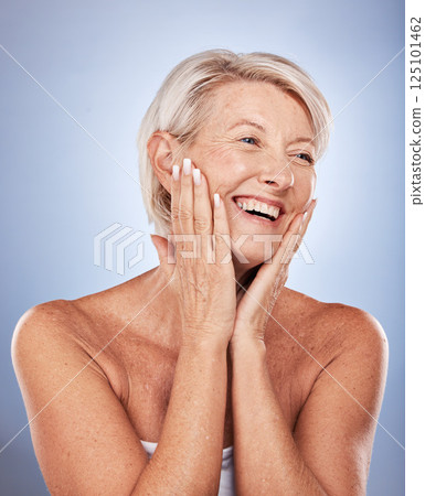 Skincare, self care and senior beauty woman satisfied with natural anti aging cosmetics, facial skin glow or dermatology treatment. Healthcare, wellness and aesthetic elderly model with luxury makeup 125101462