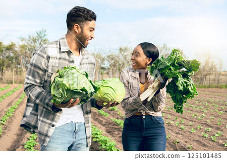 Happy farmer worker, vegetables and agriculture in nature, environment and sustainability in countryside. Gardening, farming and young couple harvest cabbage, spinach and green plants from agro field Happy farmer worker, vegetables and agriculture in nature, environment and sustainability in countryside. Gardening, farming and young couple harvest cabbage, spinach and green plants from agro field 125101485