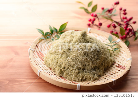 Tororo kelp from Rishiri, Hokkaido, served on a bamboo basket Tororo kelp from Rishiri, Hokkaido, served on a bamboo basket 125101513