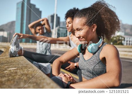 Fitness, running and stretching with a woman group getting ready for a workout or training outdoor together. Health, wellness and exercise with female athlete friends warming up for a cardio run 125101521