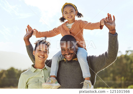 Parents, kids and black family portrait in park, garden and sunshine for happiness, love and quality time together. Happy family with mom, dad and excited girl child having fun, relaxing and freedom 125101566