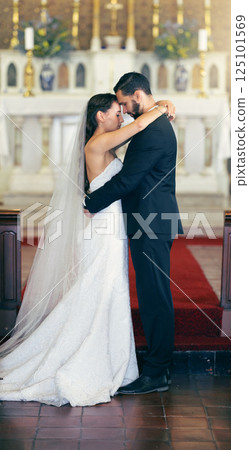 Love, wedding and couple dance in church in celebration of the bride and grooms faithful commitment in marriage. Romance, support and classy wife dancing with a trusted husband at a romantic event 125101569