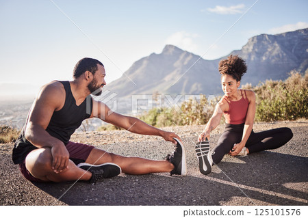 Fitness, exercise and black couple stretching legs outdoors on road for health or wellness. Training, sports and man and woman warm up before running, exercising or marathon workout on street outside Fitness, exercise and black couple stretching legs outdoors on road for health or wellness. Training, sports and man and woman warm up before running, exercising or marathon workout on street outside 125101576