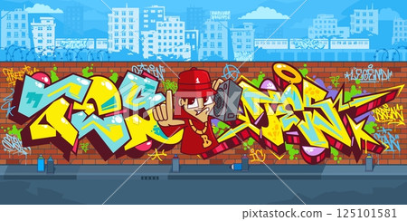 Modern Outdoor Urban Graffiti Wall With Street Art Drawings Against The Background Of The Cityscape 125101581