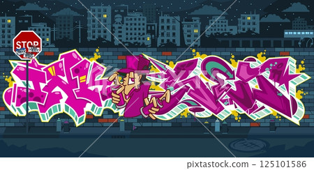 Modern Dark Urban Graffiti Wall With Drawings At Night Against The Background Of The Cityscape 125101586